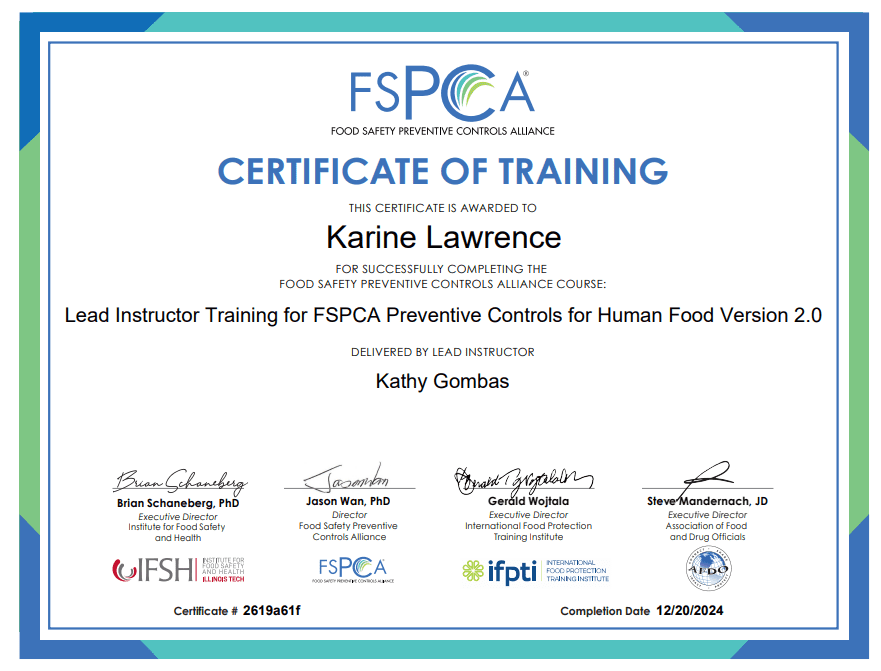 Karine Lawrence FSPCA V2 Certificate