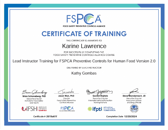 Karine Lawrence Certificate of FSPCA Training